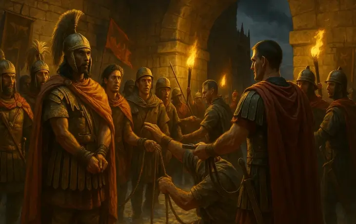 Salapia’daki gece baskınında Roma güçlerinin kapıları açarak Hannibal’ın Numidya süvarilerini ihanete uğrattığı sahne; meşaleler altında şaşkın ve teslim alınan birlikler görülüyor.